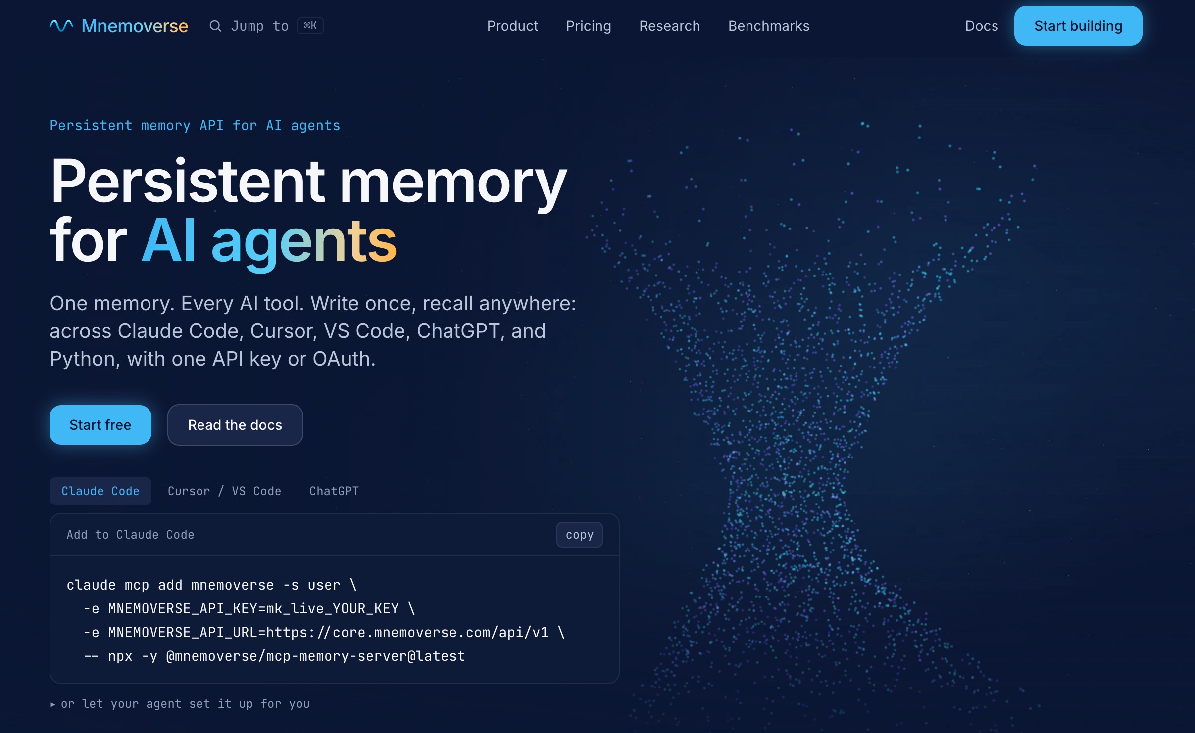 Mnemoverse 官网主页：适用于 AI 智能体的持久记忆 API，一次写入，即可在 Claude Code、Cursor、VS Code 和 ChatGPT 中随时召回
