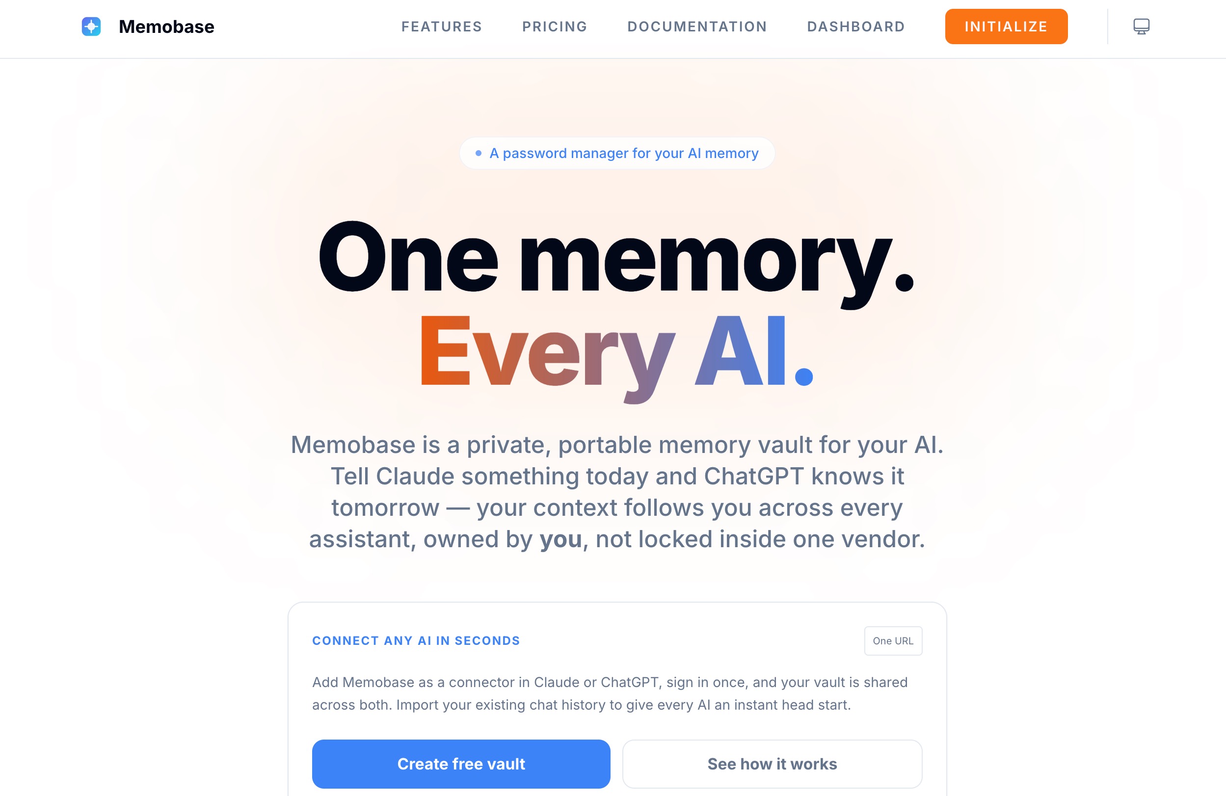 Memobase主页,标题为“一个记忆,每个AI”,描述了在Claude和ChatGPT之间共享的私有便携式记忆库