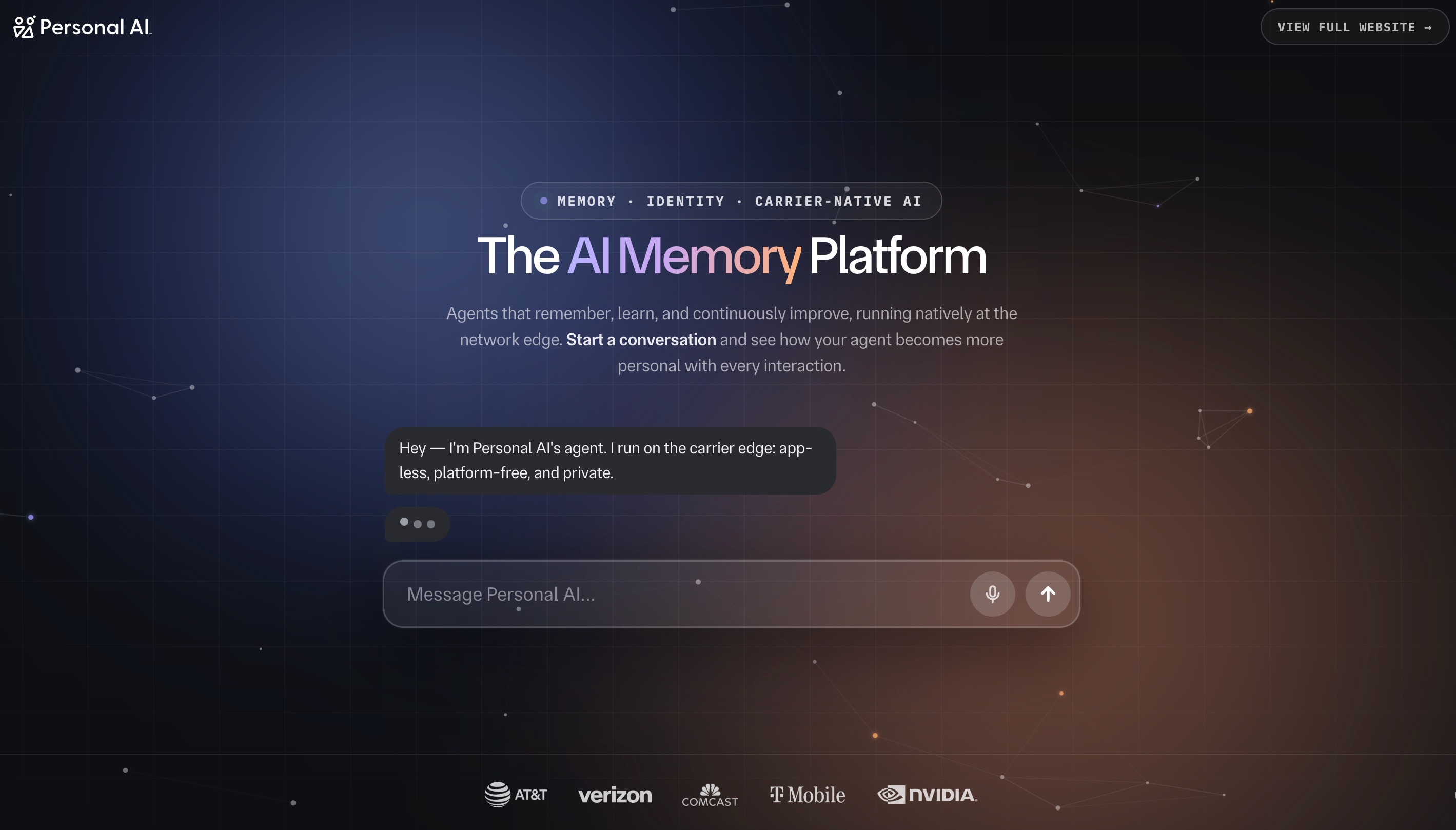 Personal AI 首页：AI 记忆平台，其智能体在网络边缘原生运行，能够记忆、学习并持续改进