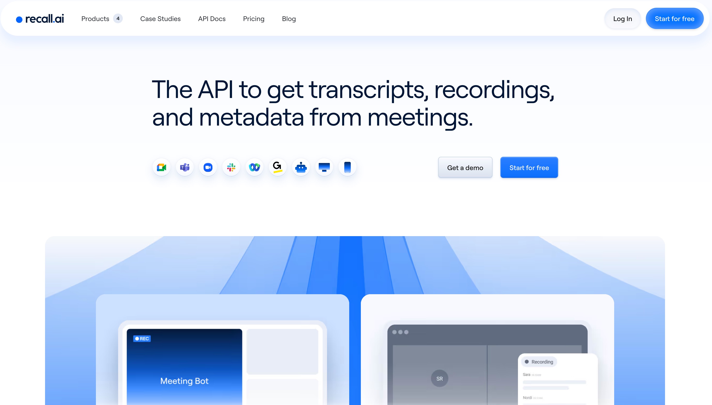 Recall.ai 首页提供用于会议转录、录音和元数据的 API
