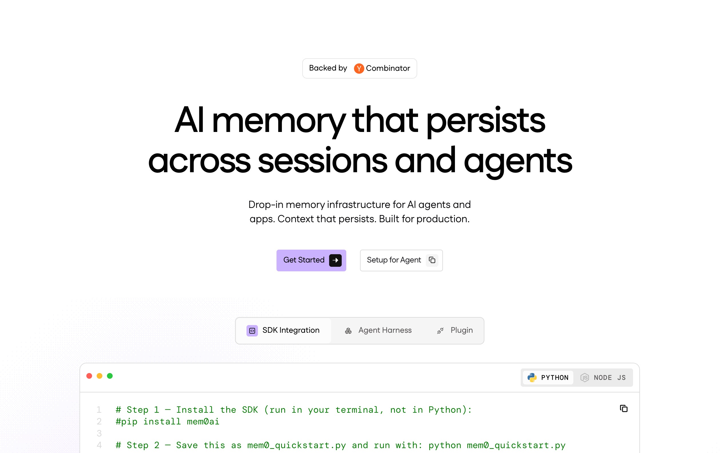 Mem0 首页:跨会话和 Agent 持久存在的 AI 记忆,带有 Python 和 Node SDK 快速入门