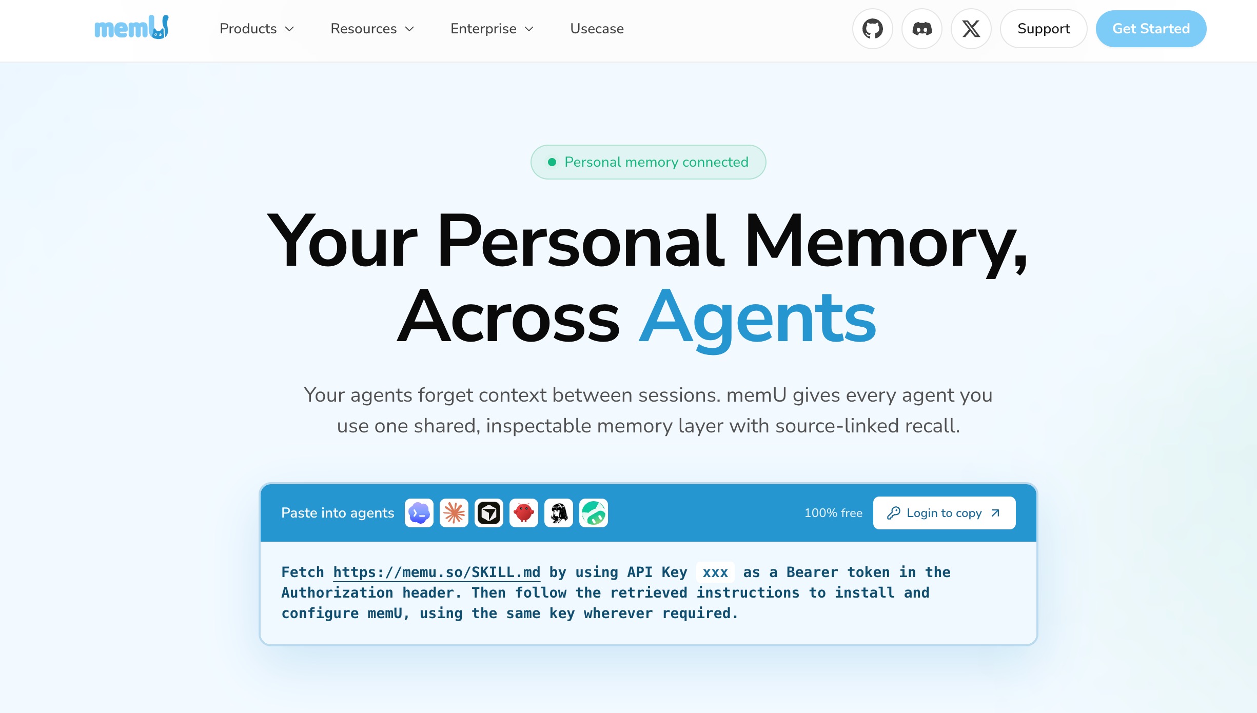 MemU 首页:跨 Agent 的个人记忆,一个带有源链接召回的共享可检查记忆层