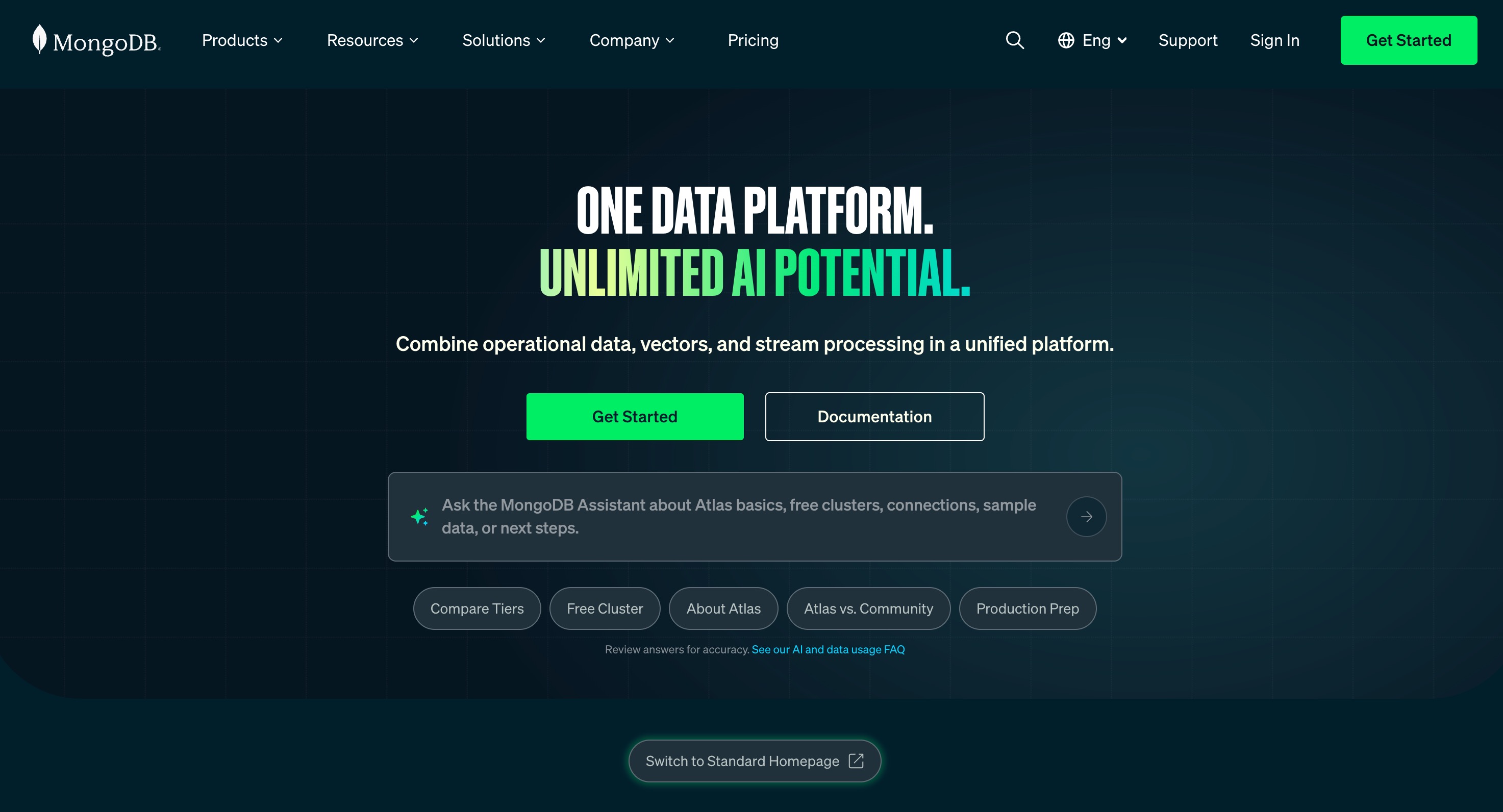 MongoDB 首页:结合了业务数据、向量和流处理的单一数据平台