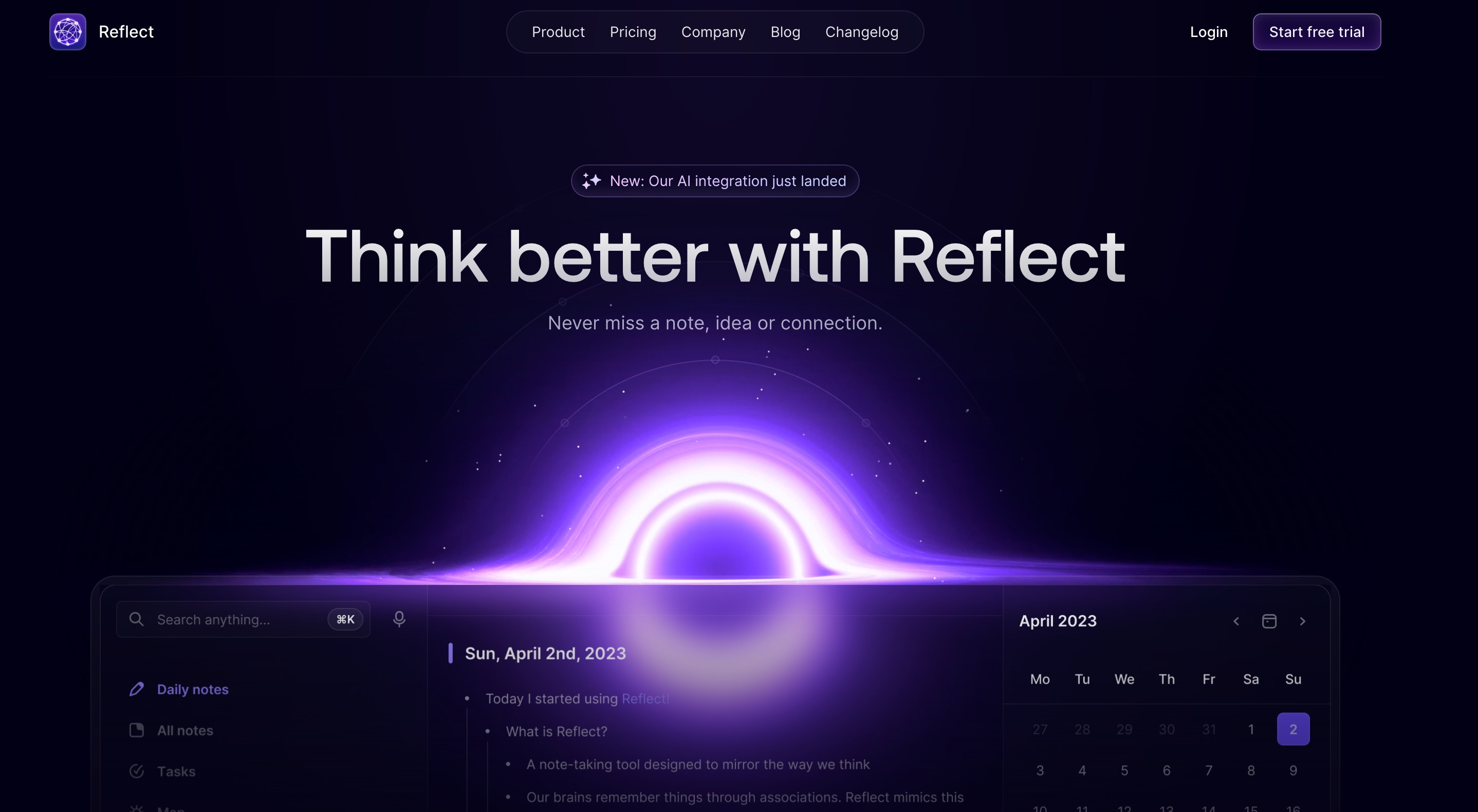 Reflect 官网首页：使用 Reflect 更好地思考，一款带有每日笔记、搜索和日历侧边栏的笔记应用