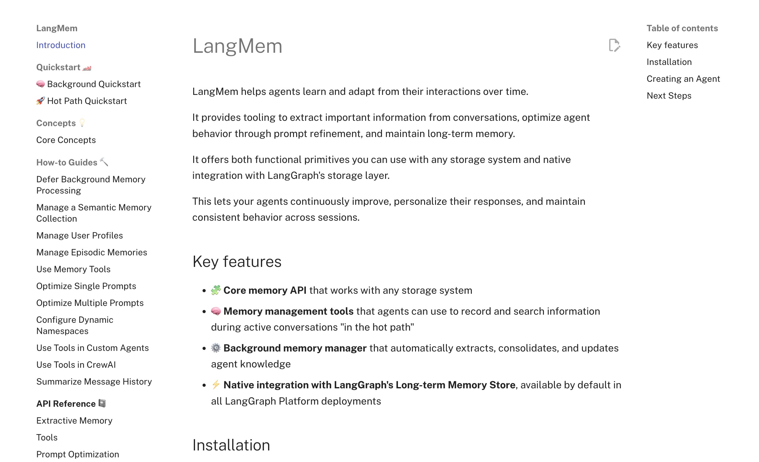 LangMem 文档介绍，列出了其核心记忆 API、记忆管理工具和后台记忆管理器