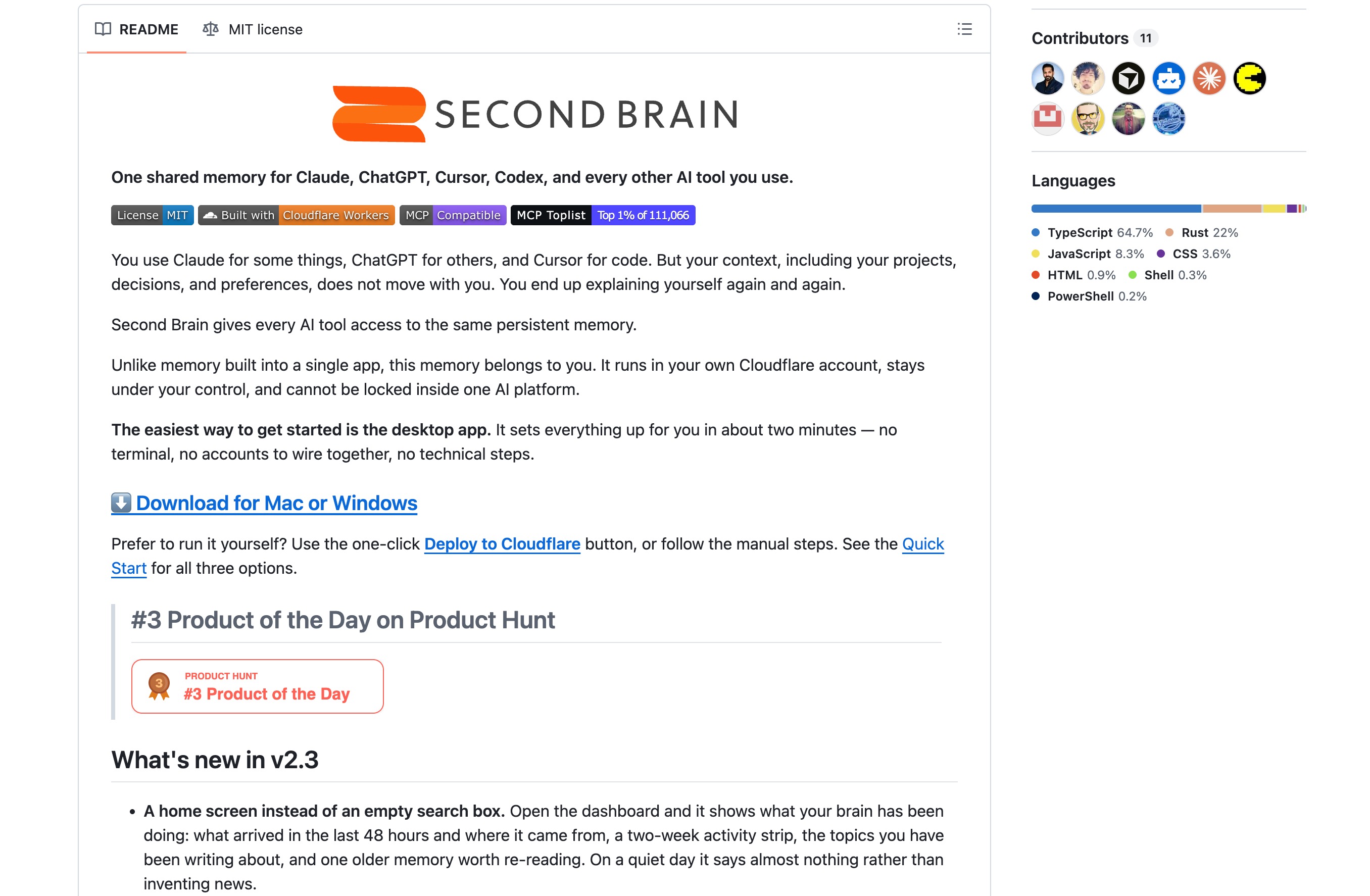 Second Brain GitHub README：适用于 Claude、ChatGPT、Cursor 和 Codex 的共享记忆，自托管在 Cloudflare Workers 上