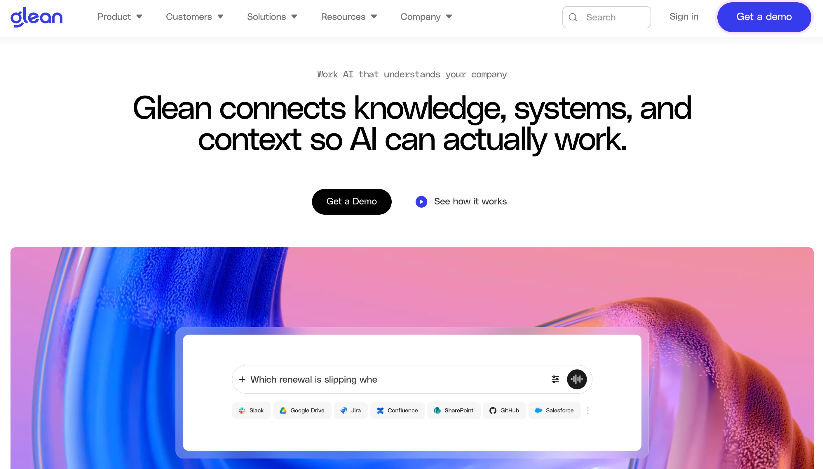 Glean 首页：连接知识、系统和上下文的工作 AI，搜索框跨越 Slack、Google Drive、Jira、Confluence 和 SharePoint