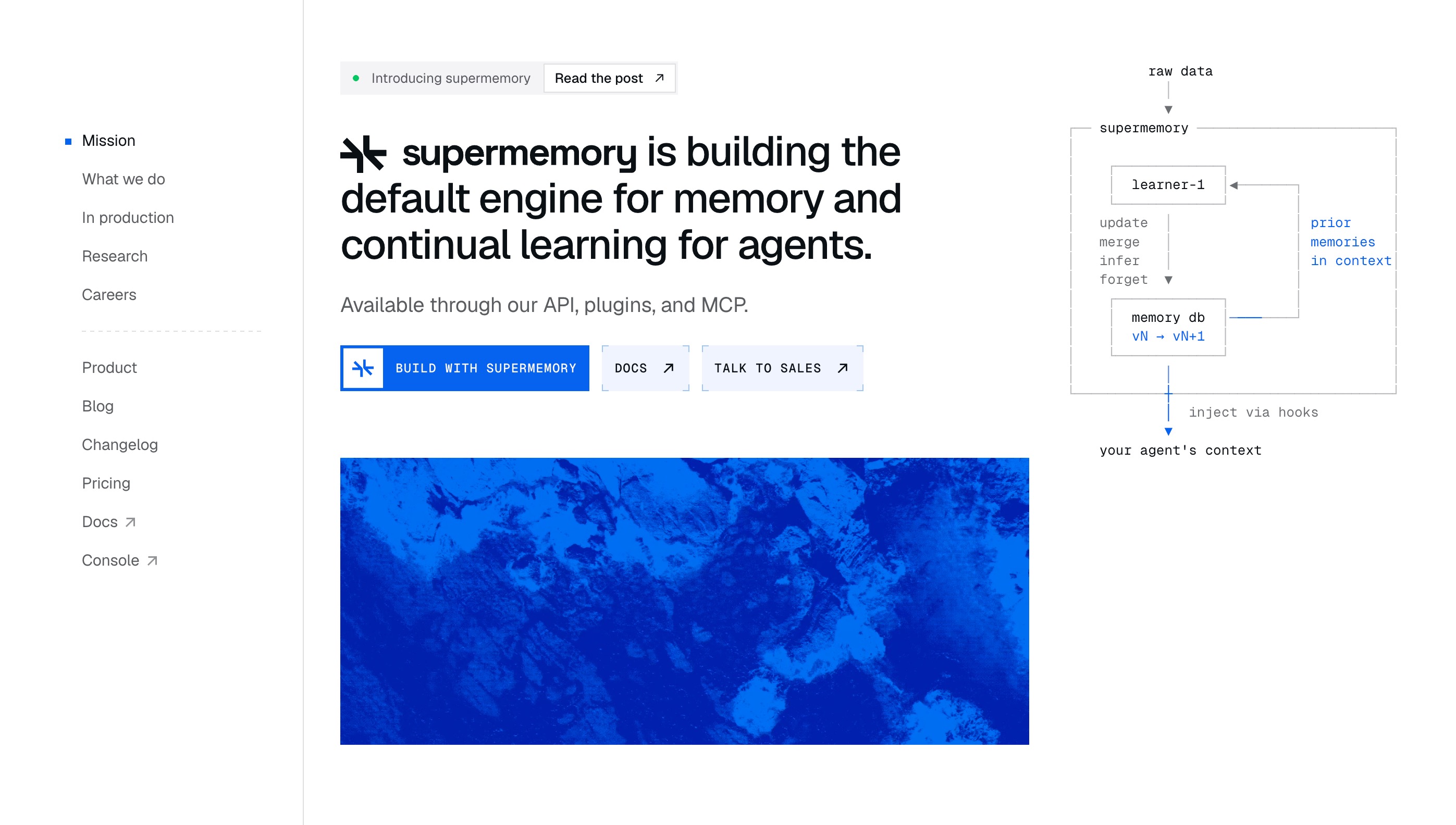 Supermemory 使命页面:Supermemory 正在构建用于 Agent 记忆和持续学习的默认引擎,可通过其 API、插件 and MCP 获取